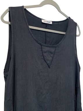 Lin Blanc Sleeveless Dress 100% Linen Flowy Asymmetrical Navy Blue Lagenlook XL